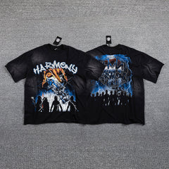 HVM Harmony Dark Rock Figure Black Tie‑Dye Double‑Sided Graphic Print Crew Neck Streetwear T‑Shirt