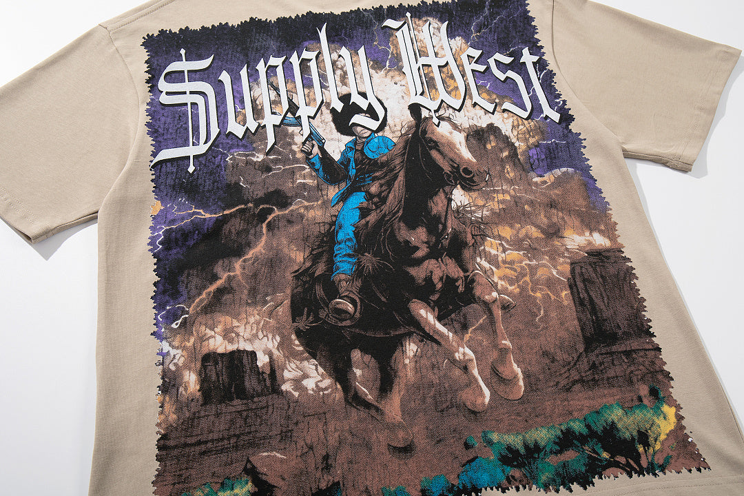 Vintage Cowboy Warrior Beige Vintage‑Washed Double‑Sided Graphic Print Crew‑Neck Streetwear T‑Shirt
