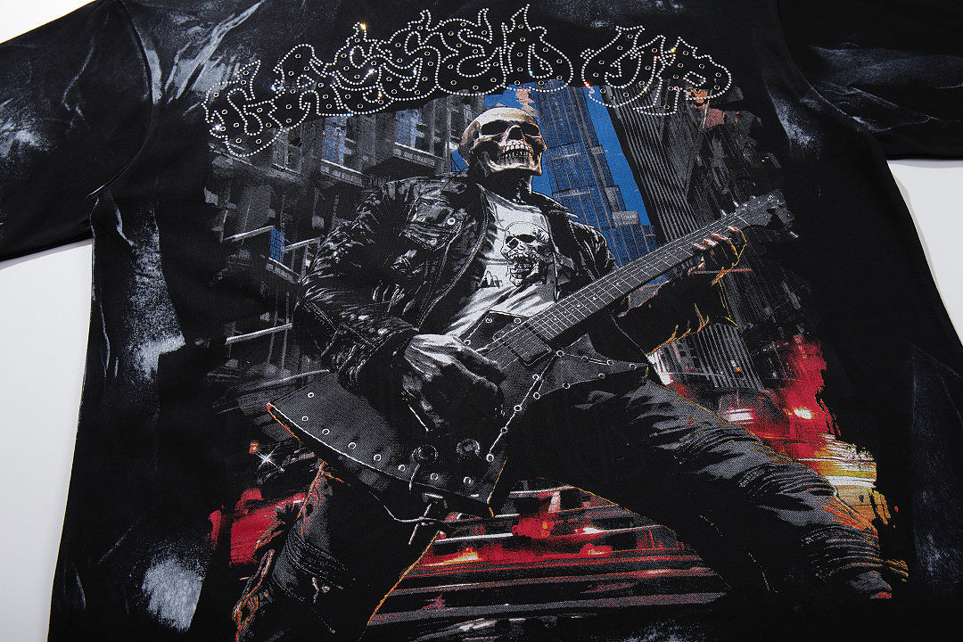 Rock The World Skull Warrior Double‑Sided Graphic Print Crew Neck Streetwear T‑Shirt