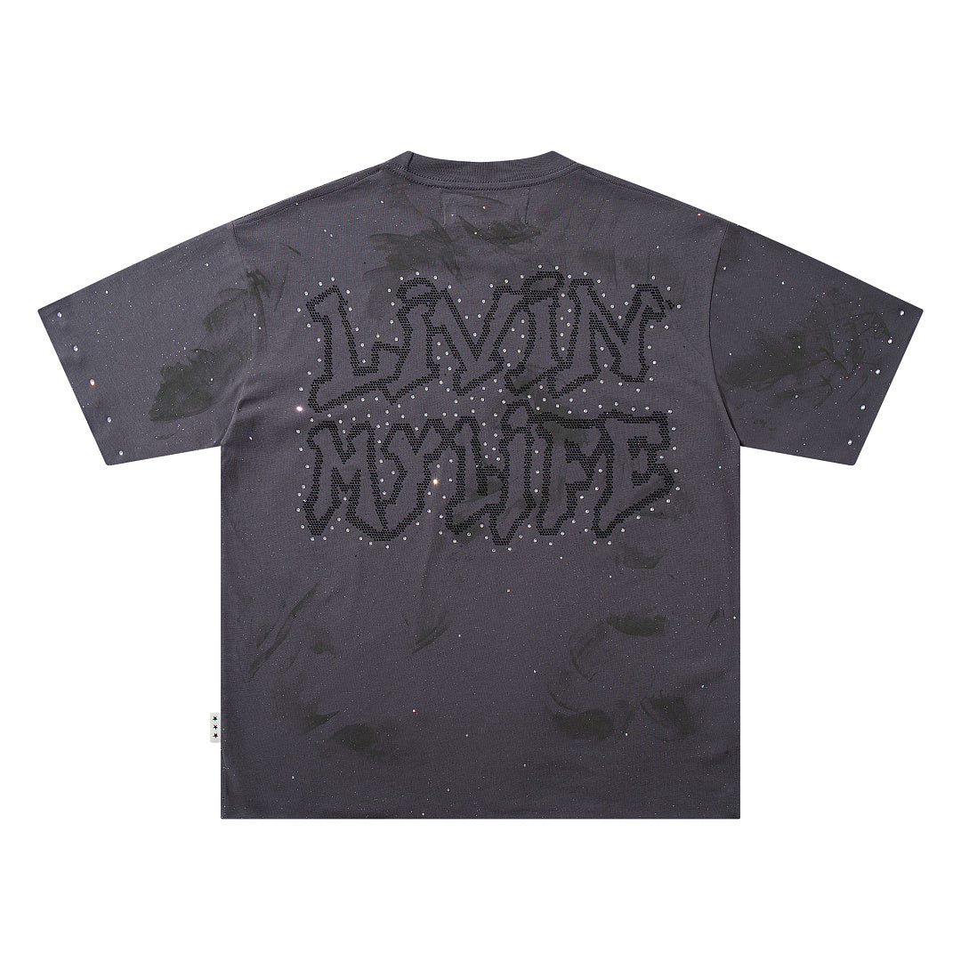 Livin My Life Grey‑Washed Car Hip‑Hop Double‑Sided Graphic Print Crew Neck Streetwear T‑Shirt