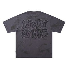 Livin My Life Grey‑Washed Car Hip‑Hop Double‑Sided Graphic Print Crew Neck Streetwear T‑Shirt