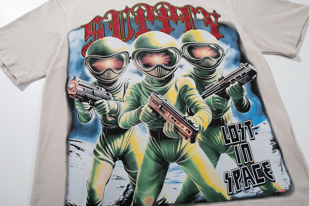 Soldier Troop Beige Vintage‑Washed Double‑Sided Graphic Print Crew‑Neck Streetwear T‑Shirt