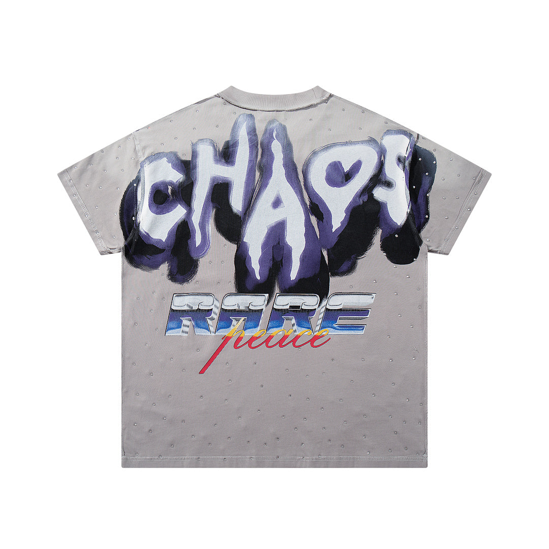 Chaos Race Car Grey Washed Double‑Sided Graphic Print Crew‑Neck Streetwear T‑Shirt