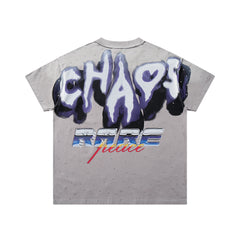 Chaos Race Car Grey Washed Double‑Sided Graphic Print Crew‑Neck Streetwear T‑Shirt