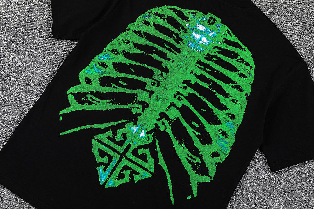 Green Skeleton Ribcage Double‑Sided Graphic Print Crew Neck Streetwear T‑Shirt