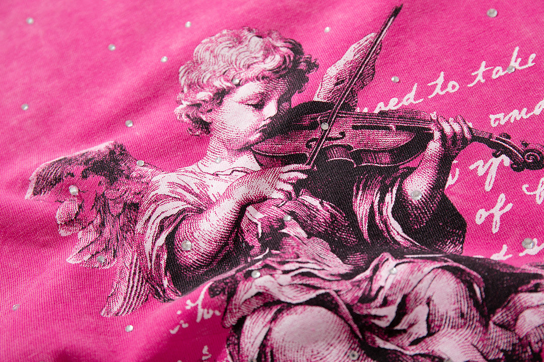 Spirit Angel Hot‑Pink Vintage‑Washed Double‑Sided Graphic Print Crew‑Neck Streetwear T‑Shirt
