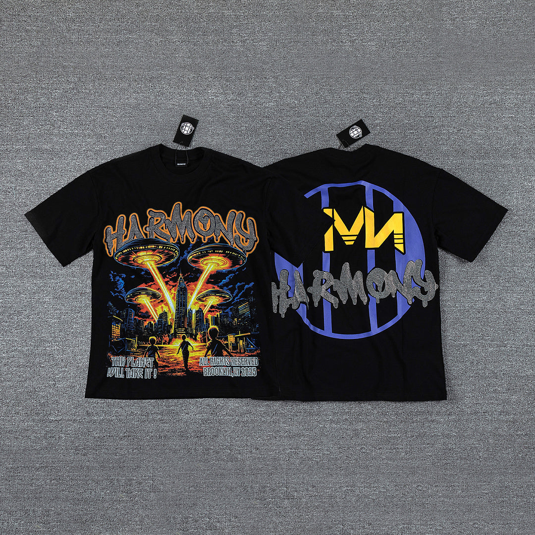 HVM Harmony Golden Flame Figure Black Double‑Sided Graphic Print Crew Neck Streetwear T‑Shirt