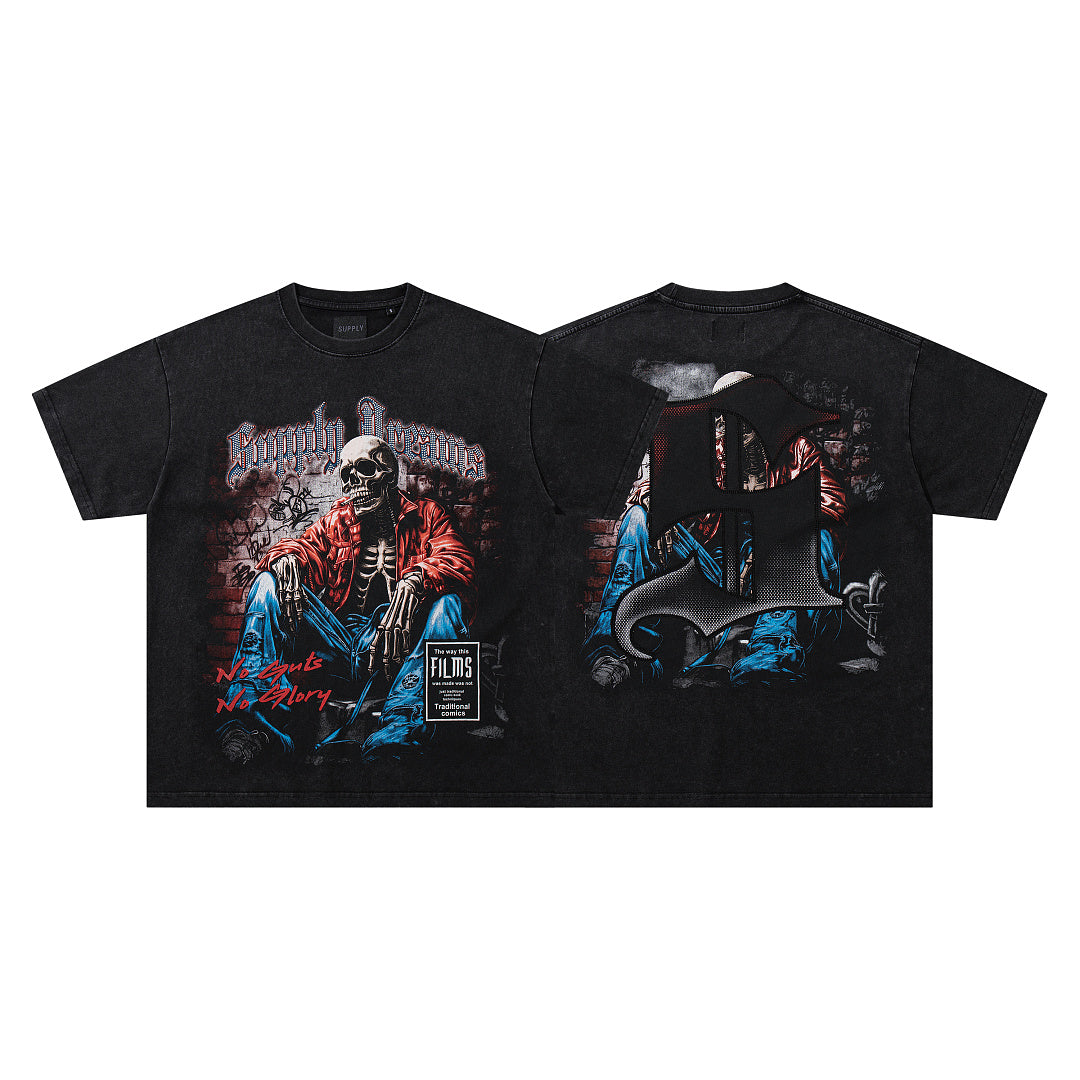 Grim Reaper Skeleton Black Vintage‑Washed Double‑Sided Graphic Print Crew‑Neck Streetwear T‑Shirt