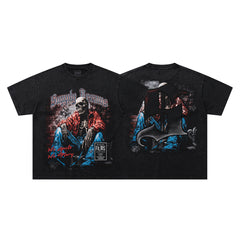 Grim Reaper Skeleton Black Vintage‑Washed Double‑Sided Graphic Print Crew‑Neck Streetwear T‑Shirt