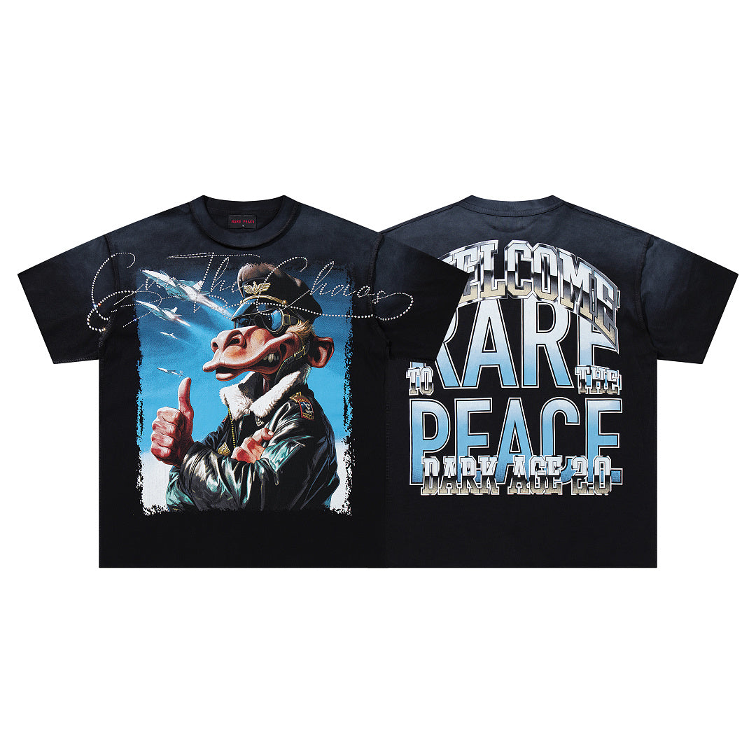 Rare Peace Black‑Washed Double‑Sided Graphic Print Crew‑Neck Streetwear T‑Shirt