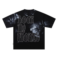 Rock The World Skull Warrior Double‑Sided Graphic Print Crew Neck Streetwear T‑Shirt