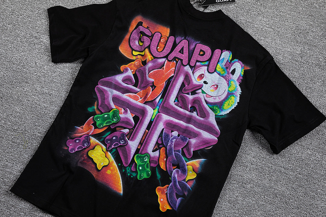 HVM Harmony Psychedelic Cartoon Character Black Double‑Sided Graphic Print Crew Neck Streetwear T‑Shirt
