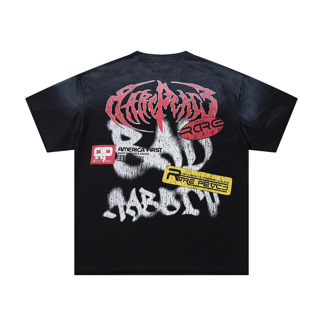Bad Abbey Black‑Washed Double‑Sided Graphic Print Crew‑Neck Streetwear T‑Shirt