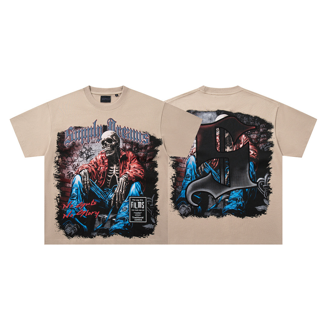 Grim Reaper Skeleton Beige Vintage‑Washed Double‑Sided Graphic Print Crew‑Neck Streetwear T‑Shirt