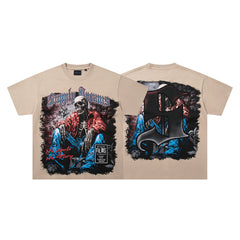 Grim Reaper Skeleton Beige Vintage‑Washed Double‑Sided Graphic Print Crew‑Neck Streetwear T‑Shirt
