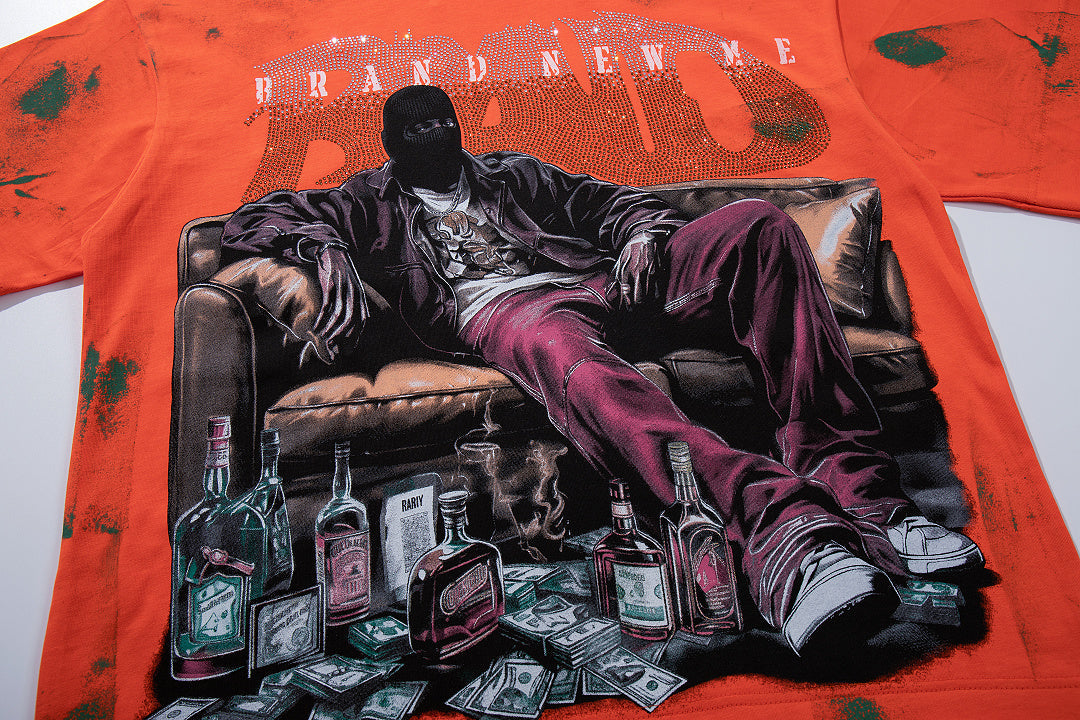 Orange Washed Figure Portrait Double‑Sided Graphic Print Crew Neck Streetwear T‑Shirt