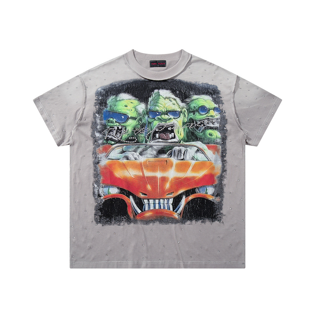 Chaos Race Car Grey Washed Double‑Sided Graphic Print Crew‑Neck Streetwear T‑Shirt