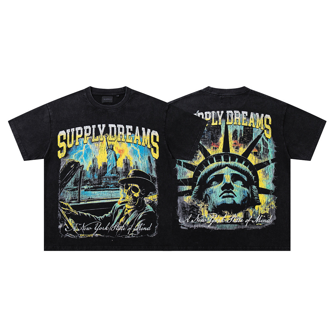 Supply Dreams Black‑Washed Double‑Sided Graphic Print Crew‑Neck Streetwear T‑Shirt