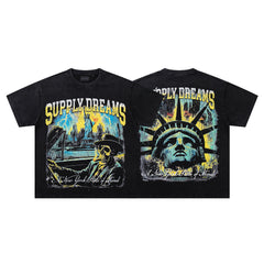 Supply Dreams Black‑Washed Double‑Sided Graphic Print Crew‑Neck Streetwear T‑Shirt