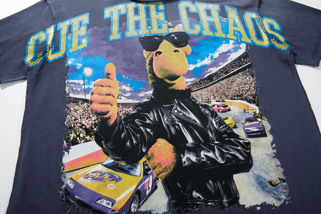 Cut The Chaos Navy‑Washed Double‑Sided Graphic Print Crew‑Neck Streetwear T‑Shirt