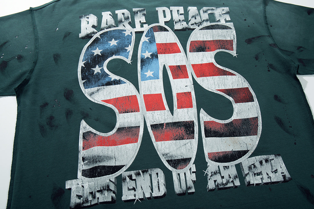 Rare Peace SOS The End Of An Era Dark‑Green Washed Double‑Sided Graphic Print Crew‑Neck Streetwear T‑Shirt