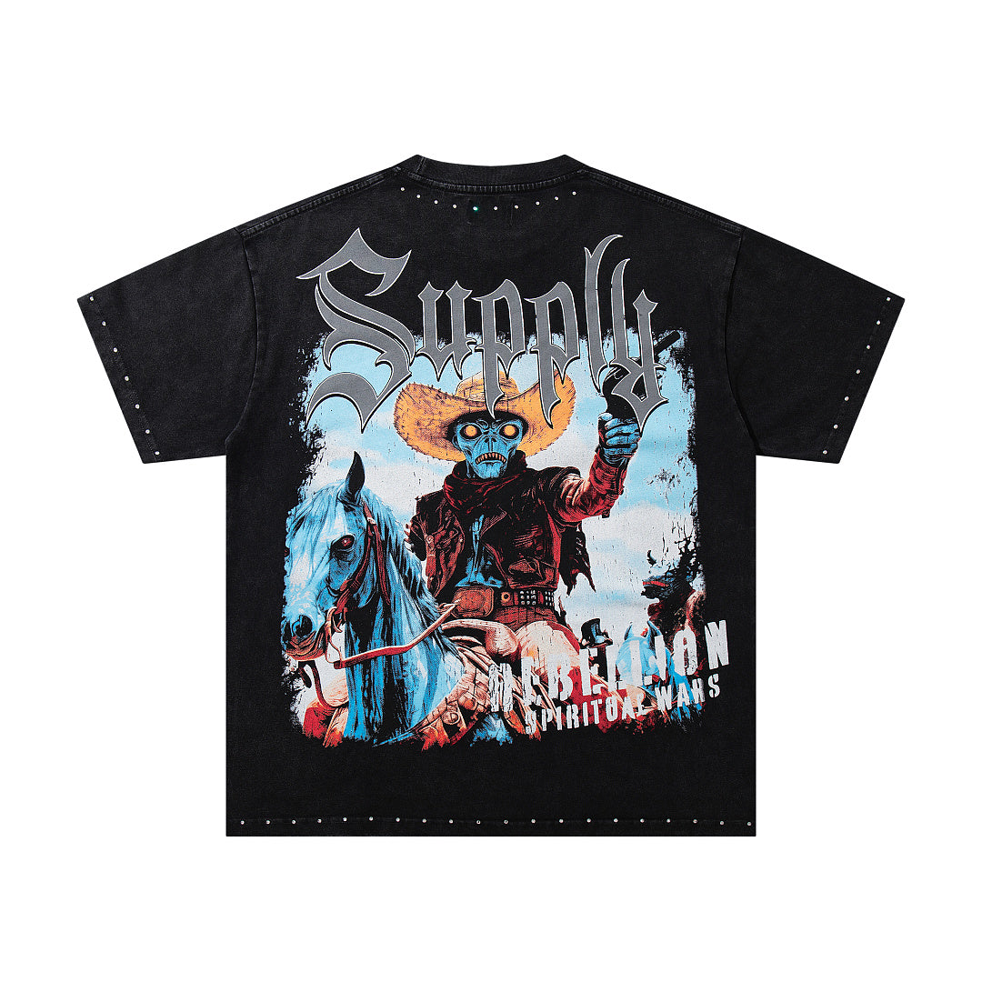 Rebellion Double‑Sided Graphic Print Black‑Washed Crew‑Neck Streetwear T‑Shirt
