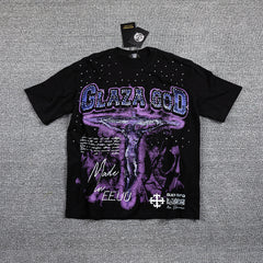 Glazagod Purple Gothic Double‑Sided Graphic Print Crew Neck Streetwear T‑Shirt