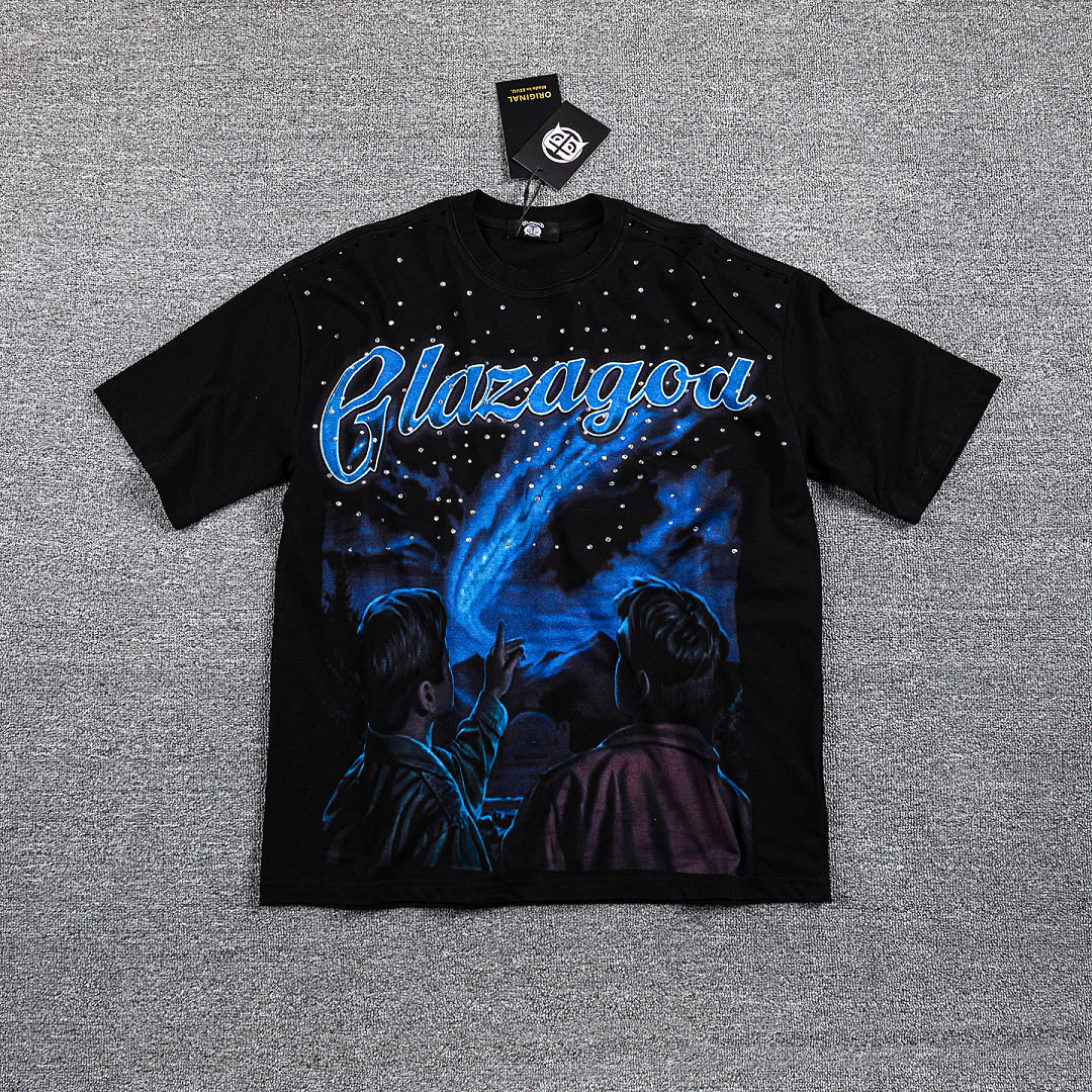 Glazagod Blue Abstract Demon Mask Double‑Sided Graphic Print Crew Neck Streetwear T‑Shirt