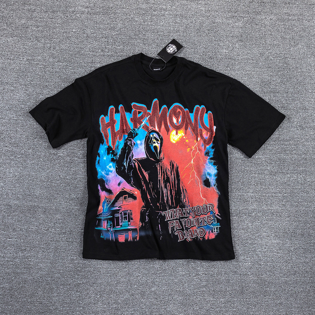 HVM Harmony Fiery Neon Figure Black Double‑Sided Graphic Print Crew Neck Streetwear T‑Shirt