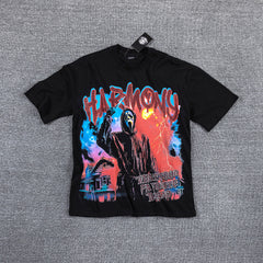 HVM Harmony Fiery Neon Figure Black Double‑Sided Graphic Print Crew Neck Streetwear T‑Shirt