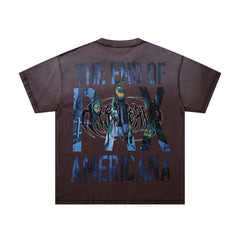 Bad Moon Americana Brown‑Washed Double‑Sided Graphic Print Crew‑Neck Streetwear T‑Shirt