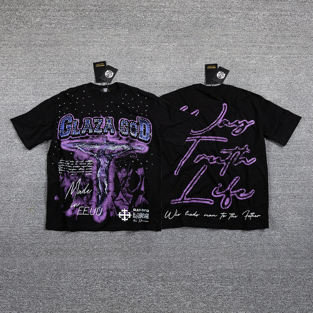 Glazagod Purple Gothic Double‑Sided Graphic Print Crew Neck Streetwear T‑Shirt