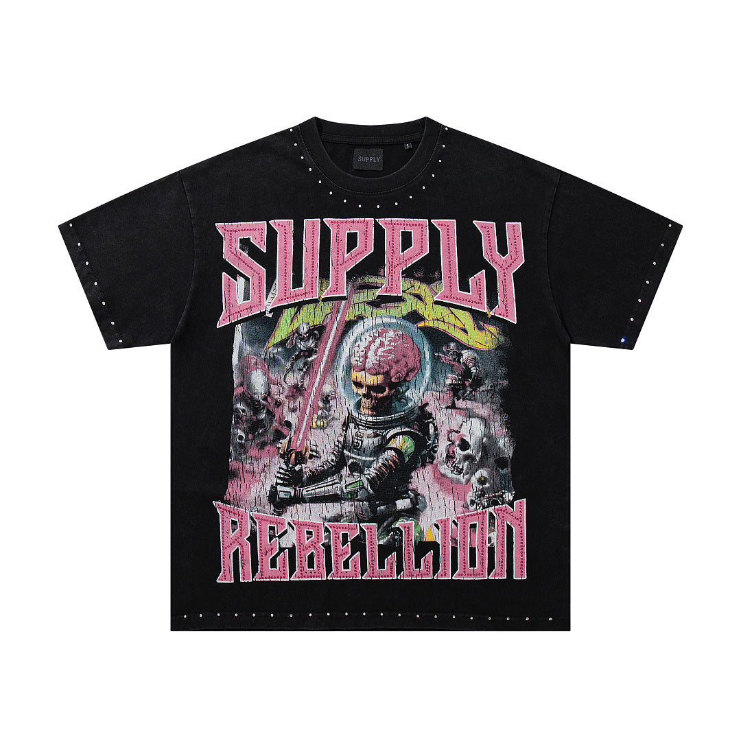Rebel Skull Black Vintage‑Washed Double‑Sided Graphic Print Crew‑Neck Streetwear T‑Shirt
