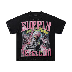 Rebel Skull Black Vintage‑Washed Double‑Sided Graphic Print Crew‑Neck Streetwear T‑Shirt