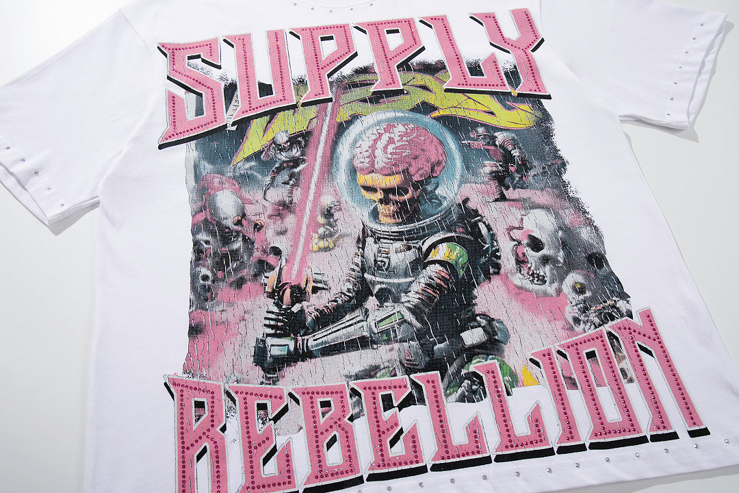 Rebel Skull White Vintage‑Washed Double‑Sided Graphic Print Crew‑Neck Streetwear T‑Shirt