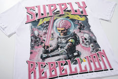 Rebel Skull White Vintage‑Washed Double‑Sided Graphic Print Crew‑Neck Streetwear T‑Shirt