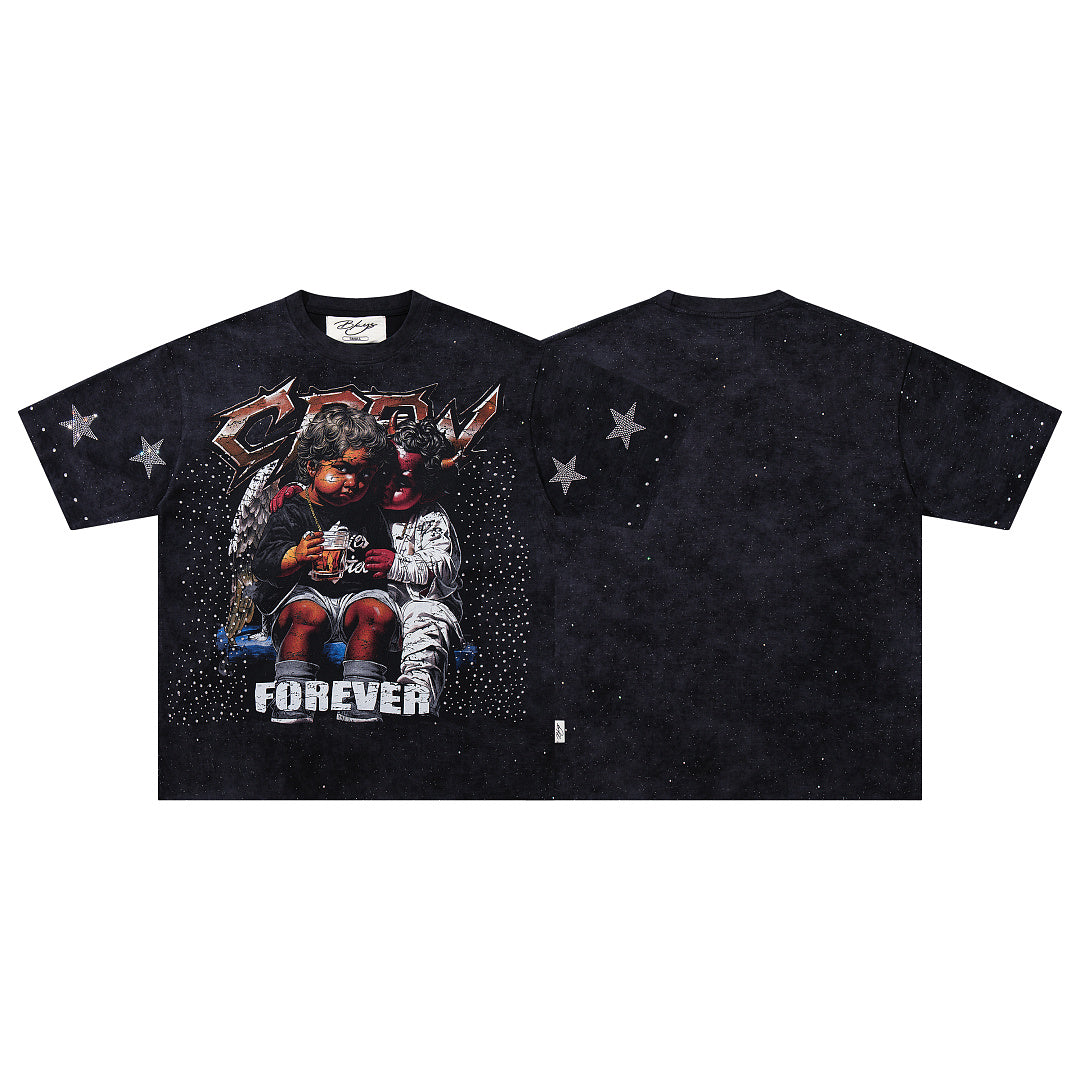 Forever Star Accented Hip‑Hop Portrait Double‑Sided Graphic Print Crew Neck Streetwear T‑Shirt