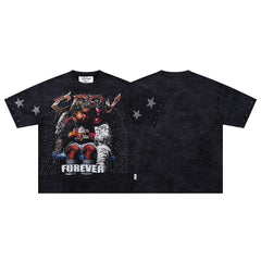 Forever Star Accented Hip‑Hop Portrait Double‑Sided Graphic Print Crew Neck Streetwear T‑Shirt