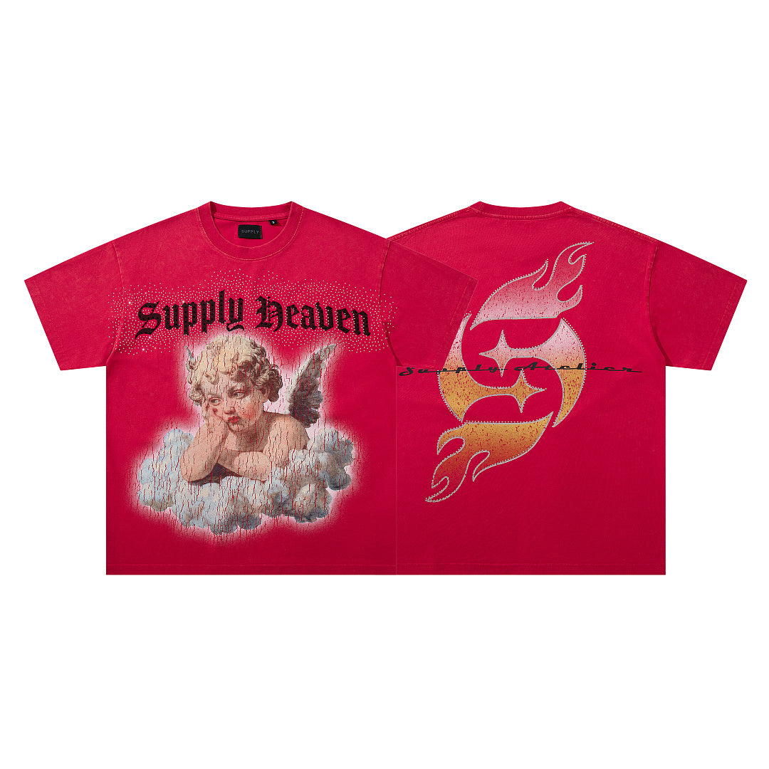 Vintage Cloud Cherub Red Vintage‑Washed Double‑Sided Graphic Print Crew‑Neck Streetwear T‑Shirt