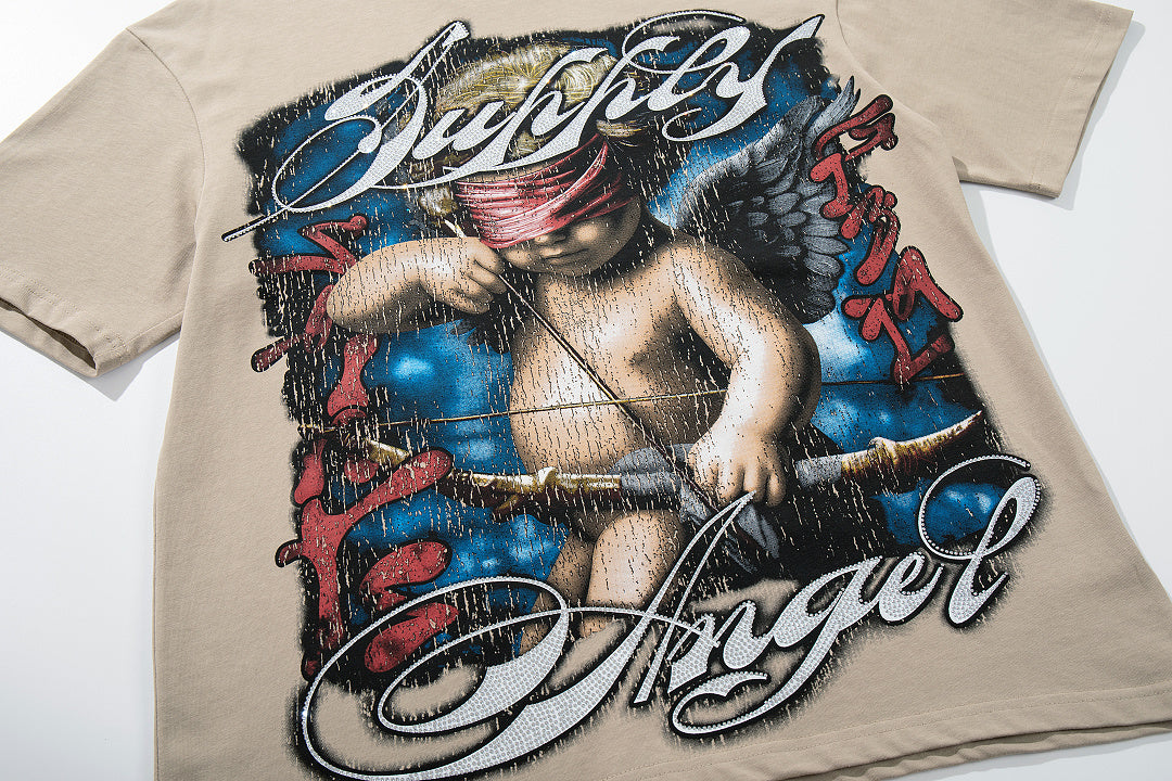 Vintage Tempted Angel Beige Vintage‑Washed Double‑Sided Graphic Print Crew‑Neck Streetwear T‑Shirt