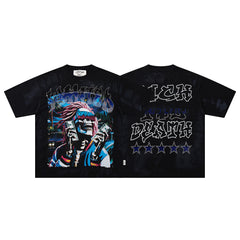 Black Washed Native Portrait Double‑Sided Graphic Print Crew Neck Streetwear T‑Shirt