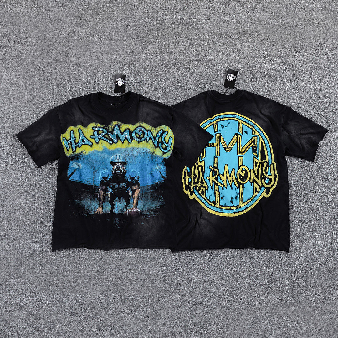 HVM Harmony Cowboy Figure Black Tie‑Dye Double‑Sided Graphic Print Crew Neck Streetwear T‑Shirt