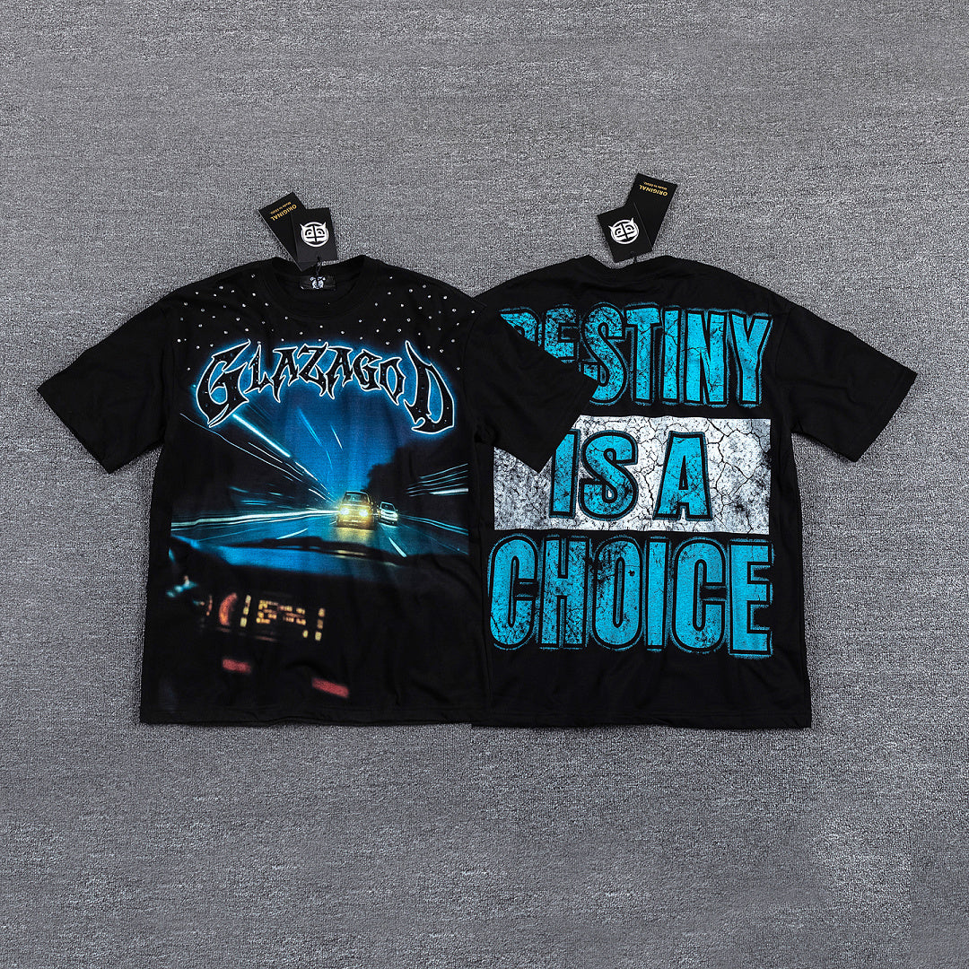 Glazagod "Destiny Is A Choice" Blue‑Cyan Double‑Sided Graphic Print Crew Neck Streetwear T‑Shirt