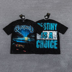 Glazagod "Destiny Is A Choice" Blue‑Cyan Double‑Sided Graphic Print Crew Neck Streetwear T‑Shirt