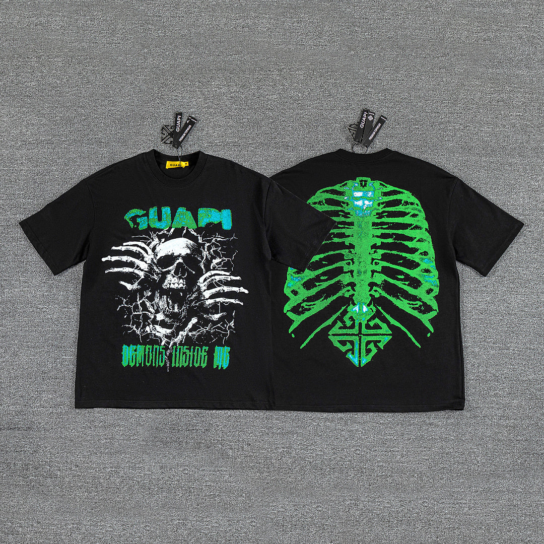 Green Skeleton Ribcage Double‑Sided Graphic Print Crew Neck Streetwear T‑Shirt