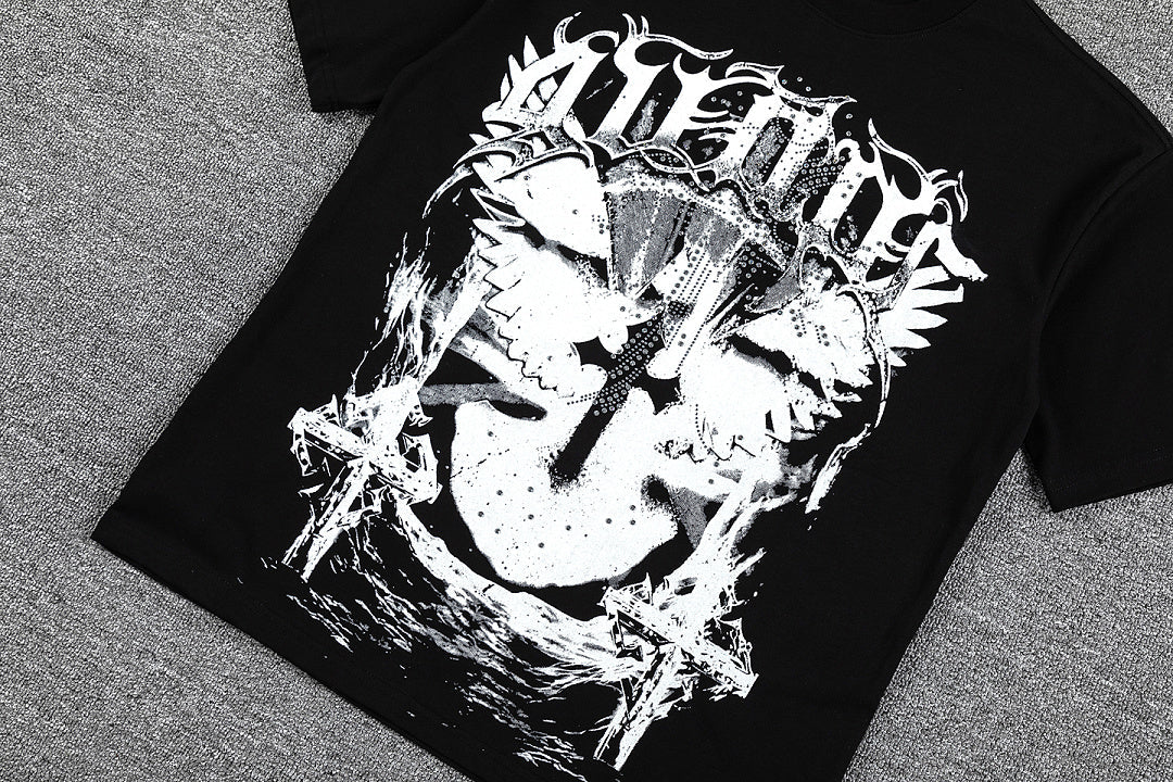 Gothic Cross Skull Double‑Sided Graphic Print Crew Neck Streetwear T‑Shirt