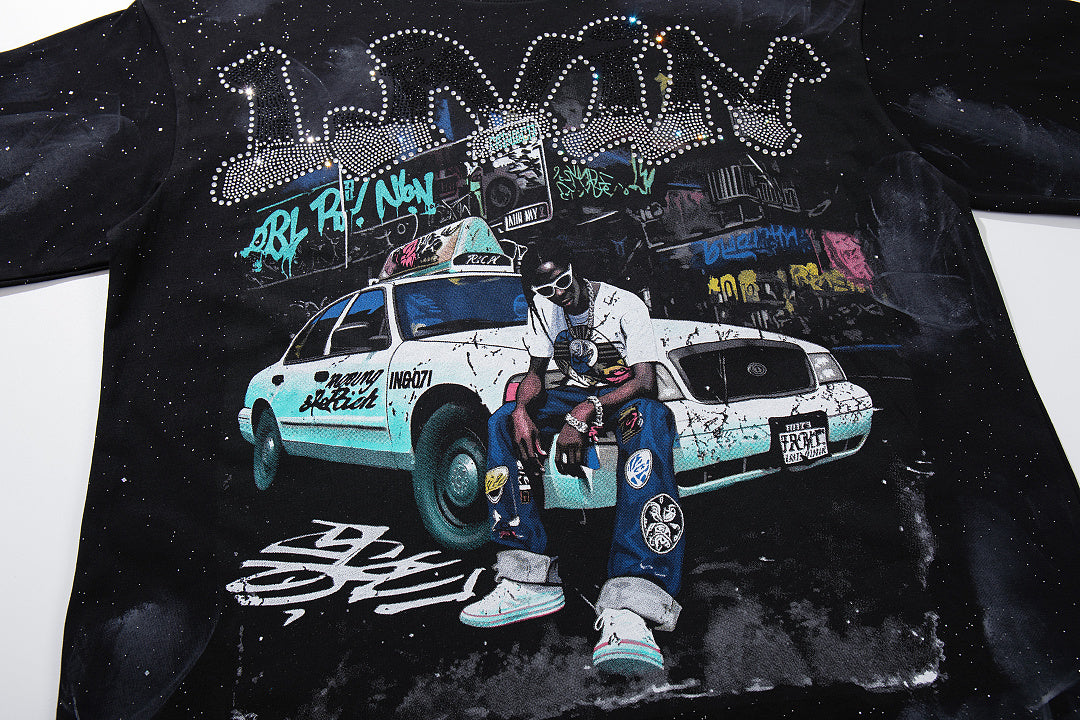 Livin My Life Car Hip‑Hop Double‑Sided Graphic Print Crew Neck Streetwear T‑Shirt