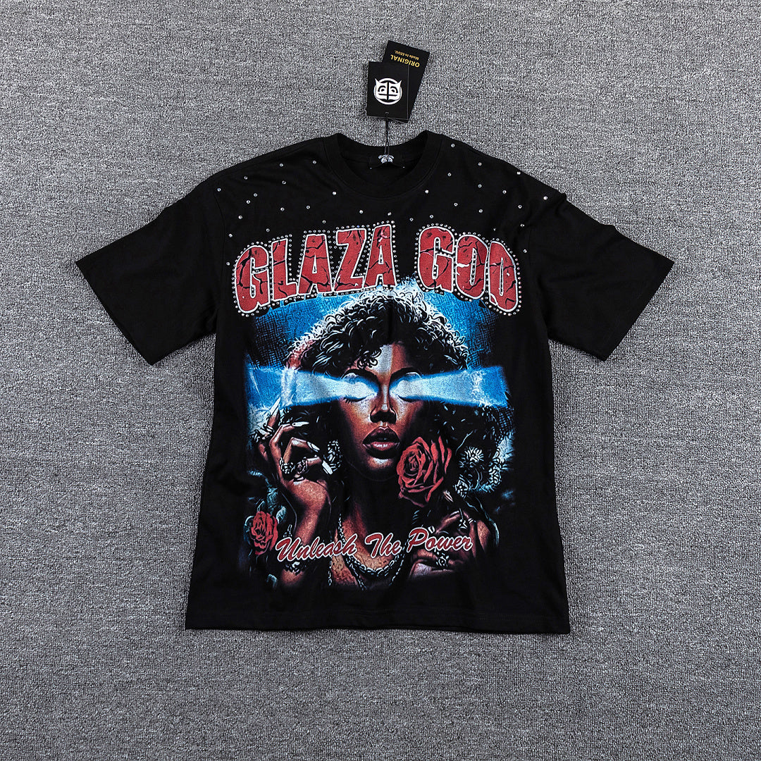 Glazagod Red Portrait Totem Double‑Sided Graphic Print Crew Neck Streetwear T‑Shirt