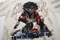 Lookin Fly And Icy Off‑White Washed Skull Hip‑Hop Double‑Sided Graphic Print Crew Neck Streetwear T‑Shirt