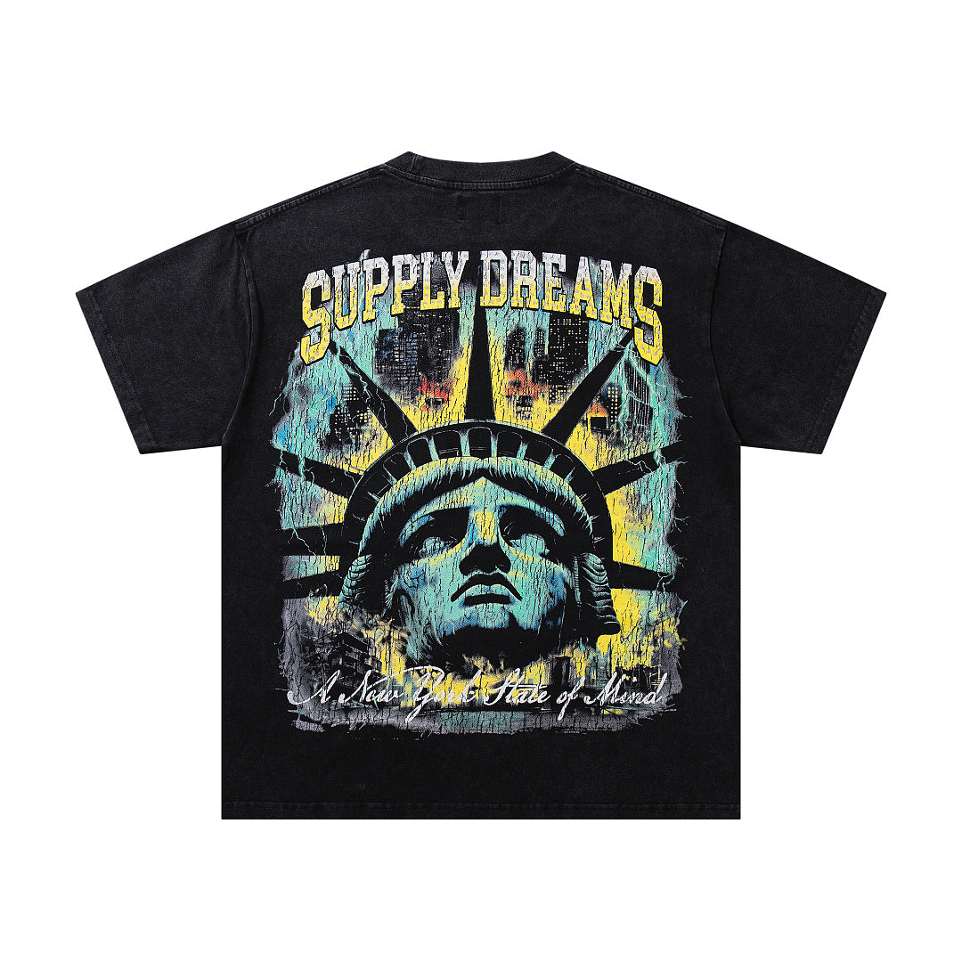 Supply Dreams Black‑Washed Double‑Sided Graphic Print Crew‑Neck Streetwear T‑Shirt